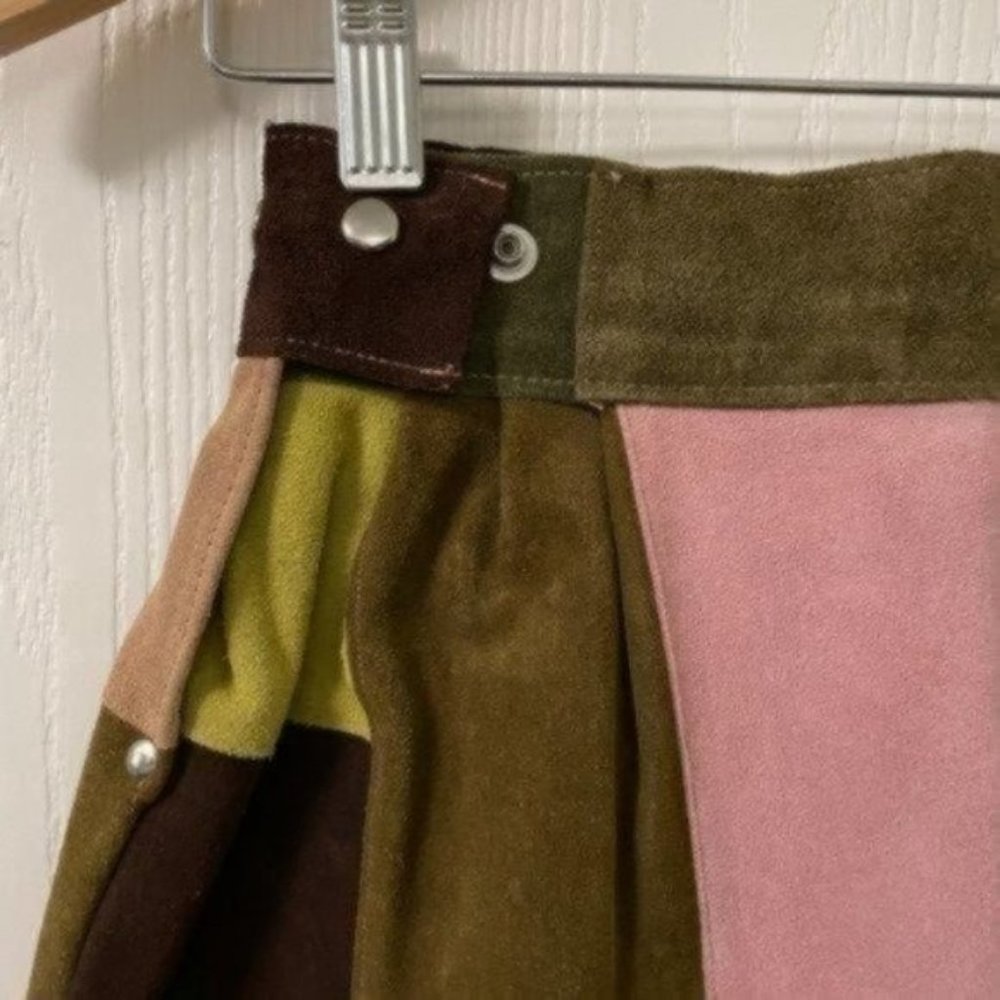 PRICE FIRM Vintage 70s Suede Patchwork Adjustable Miniskirt Mini | Size XXS-S - Picture 7 of 13